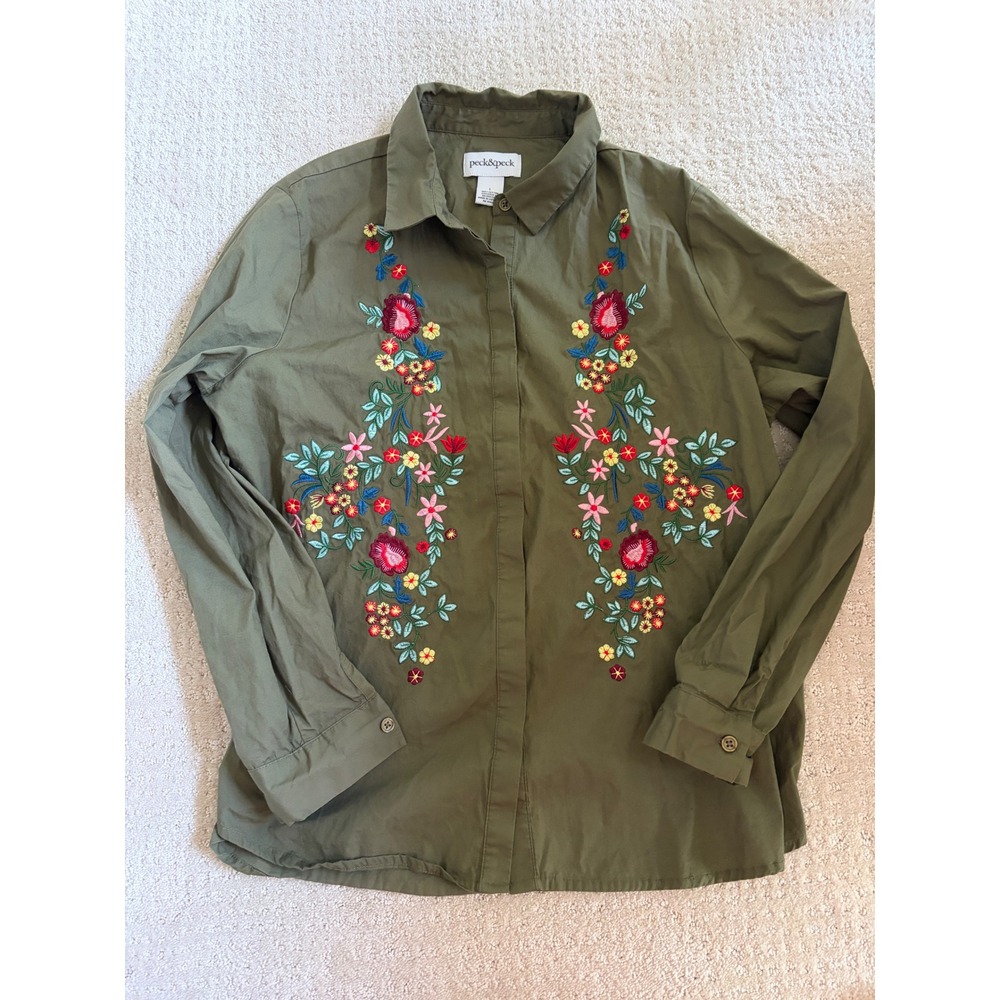 Peck & Peck Embroidered Shirt Womens L Green Floral Cotton Button Up Grandmacore